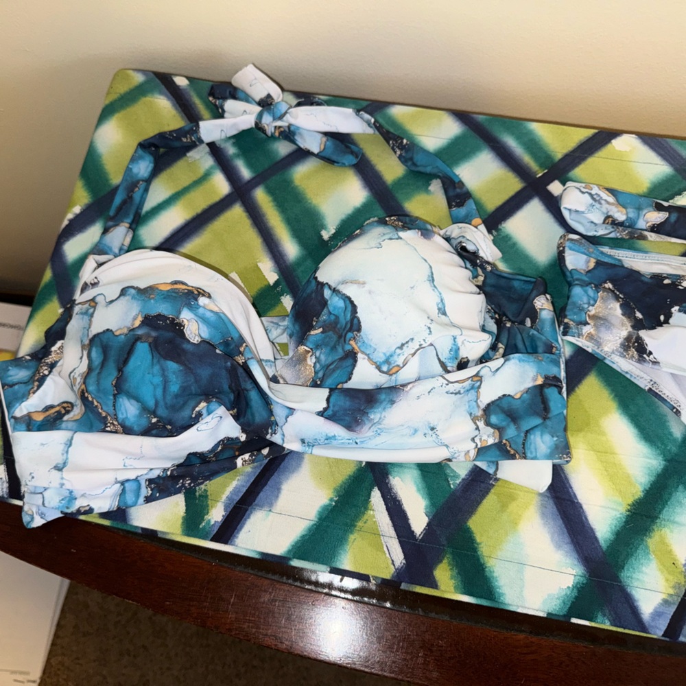 Blue and White Marble Bikini Top